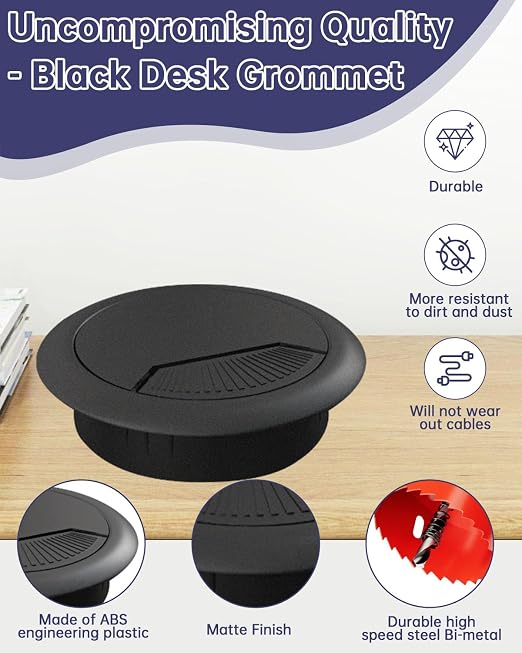Desk Grommet 3-1/8 inch (80mm) - 8 Pack Black Cable Grommet & Desk Hole Cover with Hole Saw for Cables, Cord Management for Office, TV, and Home Table - Image 3