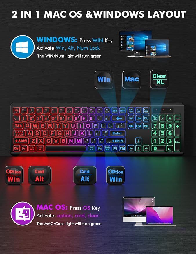 Wireless Keyboard and Mouse Combo with RGB Backlit, Rechargeable | Light Up Letters, Full-Size, Soft Typing, Sleep Mode, 2.4GHz Quiet Keyboard Set for Mac, Windows, Laptop, PC, Trueque KM42Pro - Image 7