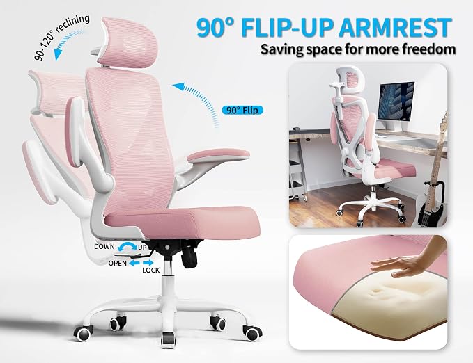 Ergonomic Office Chair: Mesh Desk Chair Comfy with Headrest& Lumbar Support | Ergalithic Big and Tall Office Chairs with Wheels & Flip-Up Arms-Computer Gaming Chairs for Adults Home Office Chairs(Pink) - Image 6