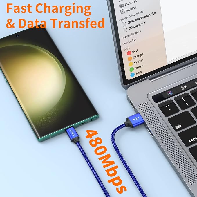 JXMOX Short USB C Cable (0.5ft 3-Pack), USB A to Type-C Charger Cord 3.1A Fast Charging Compatible with iPhone 15 16 Pro Max, Samsung Galaxy S20 S10 S9, Note 10 9, A80 A70 A50 A40, Power Bank (Blue) - Image 6
