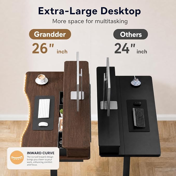 Grandder Electric Standing Desk with Two Drawers, Curved Sit to Stand Up Height Adjustable Desk with Storage Shelf for Home Office, 55 * 26 Inch, Study, Ergonomic Adjustable Computer Desk, Walnut - Image 3