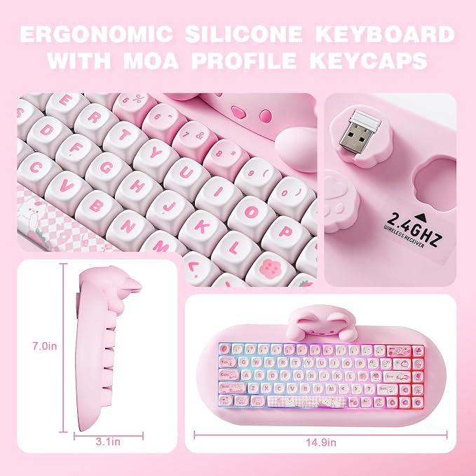 YUNZII C68 Silicone Cute Cat Mechanical Keyboard (Pink, Cocoa Cream Switch) | Wireless Triple Mode BT5.0/2.4G/Wired, RGB Backlit NKRO, Cute Cat Silicone Ergonomic Design for Win/Mac - Image 7