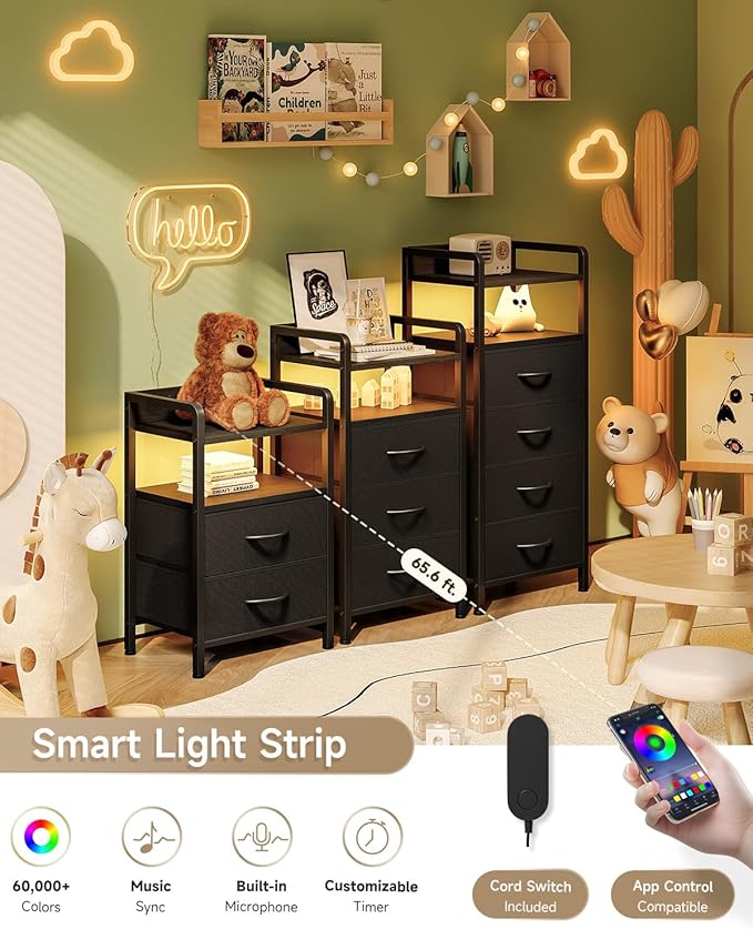Lazzanto Nightstand with Rear Charging Station, LED Light, 2 Drawers, Black | Industrial Nightstand, 2 USB-A Ports & AC Outlets, Raised Back Guard, Fabric Storage Drawers, Bedside Table for Bedroom, Dorm - Image 4