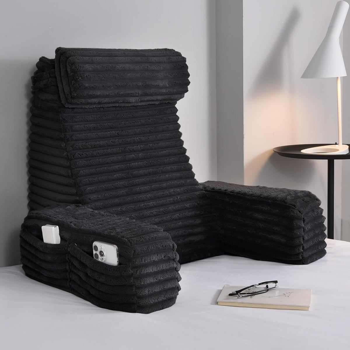 22" XL Back Pillow for Bed Sitting Up with Armrests & Big Pockets by ENITYA