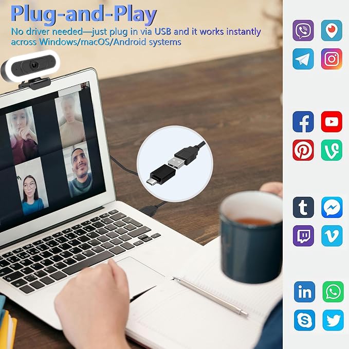 2k Webcam with Ring Light/Microphone,PC Gaming Computer Camera | PC Webcam with RGB Light/Cover/Tripod,Autofocus,65°FOV,Plug and Play USB C Web Camera for Laptop Streaming/Zoom Meeting - Image 7