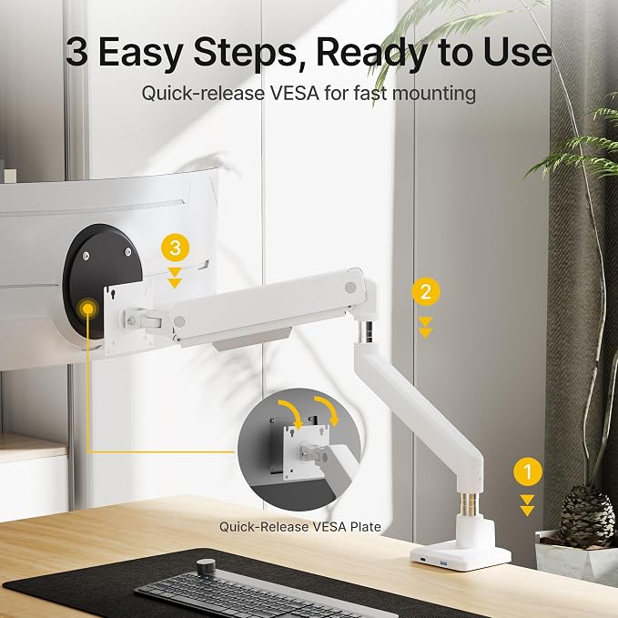 monTEK Single Monitor Arm for Max 45 Inch Ultrawide Screens, Holds 35 Lbs | Adjustable Monitor Desk Mount with C Clamp/Grommet Desk Mount, Cable Management, VESA 75/100mm, White - Image 3
