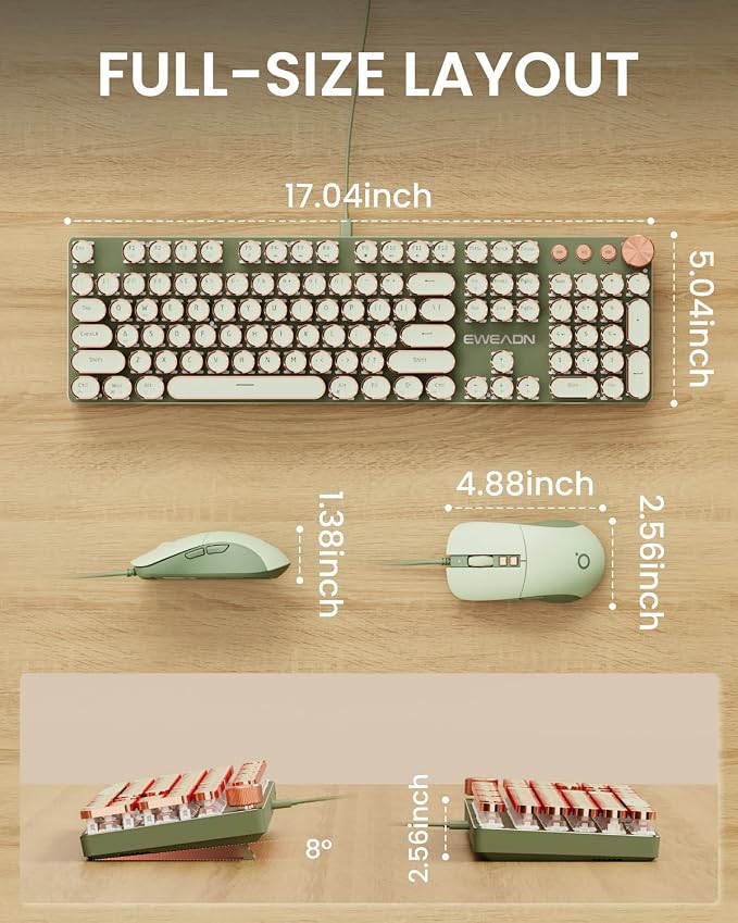 SEUNKWANG Wired Typewriter Keyboard and Mouse Combo, Retro Mechanical Keyboard with Multimedia Knob, White Backlit, Metal Panel, Low Noise Pink Switch Keyboard Mouse Set for PC Laptop - Green - Image 8
