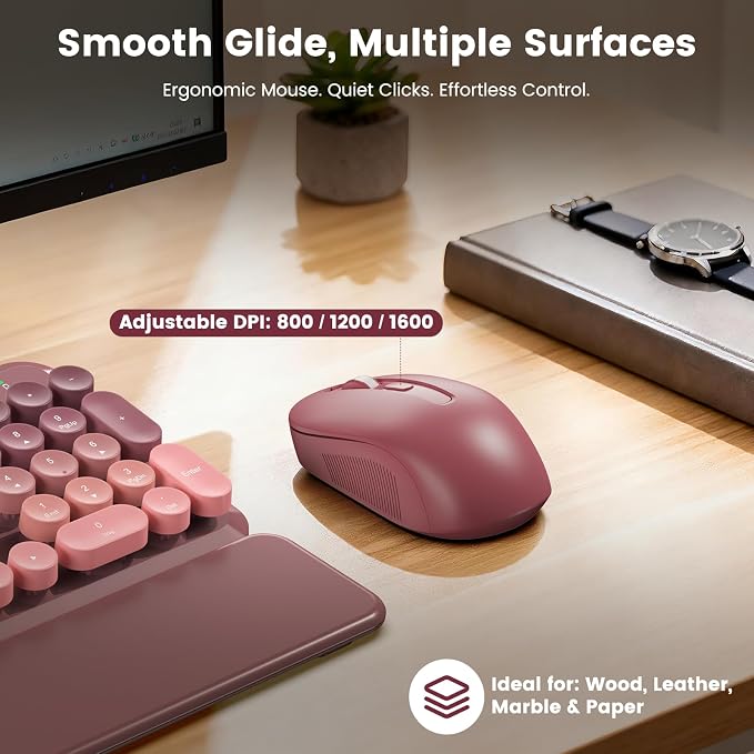 Wireless Keyboard and Mouse Combo, Round Keycaps, Full-Size Retro Typewriter Keyboard with Magnetic Wrist Rest, Tilt Legs, 2.4GHz Cordless for Mac, Windows PC, Laptop, SABLUTE CK23, Dusty Rose Ombre - Image 7