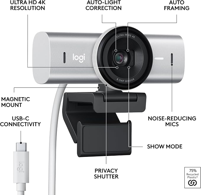 Logitech MX Brio Ultra HD 4K Collaboration Streaming Webcam - Pale Gray | 1080p at 60 FPS, Show Mode, collaboration and streaming, works with Teams, Zoom, Google Meet, Nintendo Switch 2 GameChat - Image 7