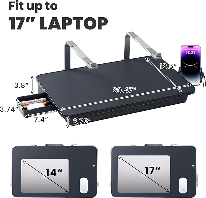Large Adults Lap Desk for Laptop with Phone Holder & Storage Drawer | Laptop Stand for Bed Fits up to 17" Laptops & MacBook, Pillow Lap Desks for Adults with Cushion for Bed & Couch, Black - Image 6