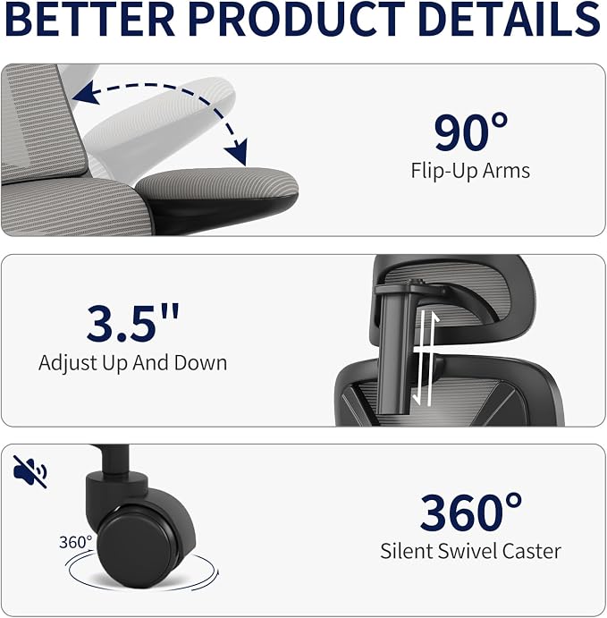 Ergonomic Office Chair - Desk Chair with Adjustable Headrest Lumbar Support Computer Chair - Mesh Comfy Chair with Flip-up Armrests - Gaming Chairs for Adults Home Office 330 LBS (Black+Gray) - Image 6