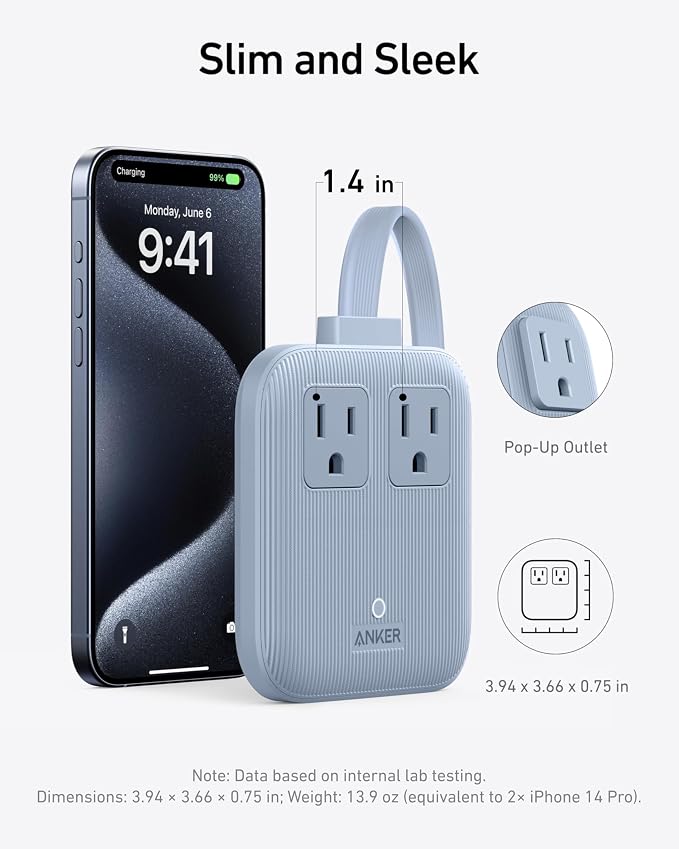 Anker Travel Power Strip, Anker Nano 67W Max 6-in-1 USB C Charger, 2 USB C | 2 AC, 2 USB A, 5ft Thin Undetachable Flat Plug Extension Cord with Multiple Outlets, Travel Essentials, Cruise Essentials - Image 3