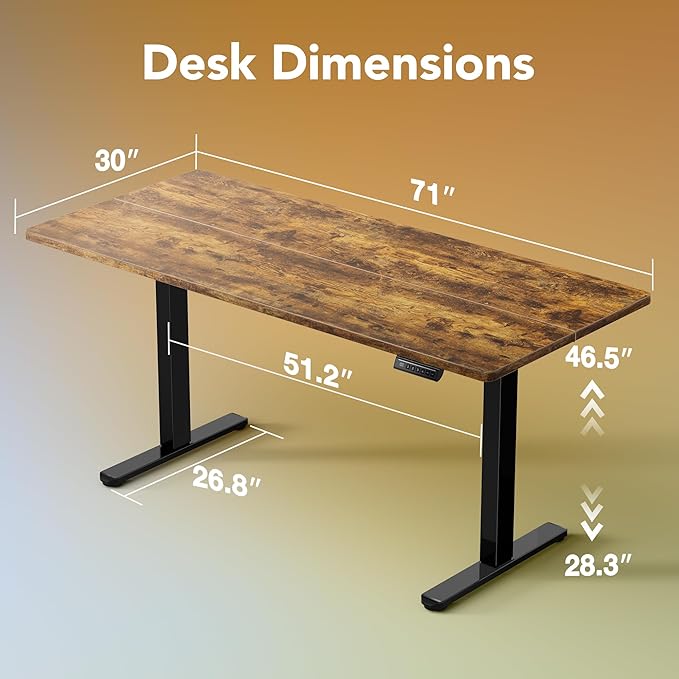 HUANUO 71x30 Inch Electric Standing Desk, Height Adjustable, Rustic Brown | 176 Lbs Capacity, Smooth Home Office Desk, 4 Memory Presets & Headphone Hooks, 28.3–46.5 Inch Height Range, Easy to assemble - Image 3