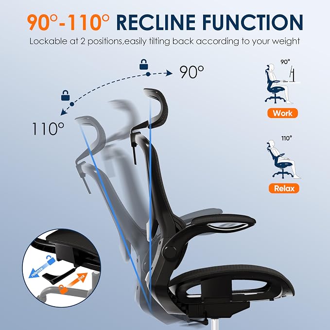 Ergonomic Mesh Office Chair, Adjustable Home Desk Chair with Folding Armrest, 2D Headrest, Soft Seat and PU Wheel, Black Swivel Task Chair for Office, Business, Student (GY1108) - Image 6