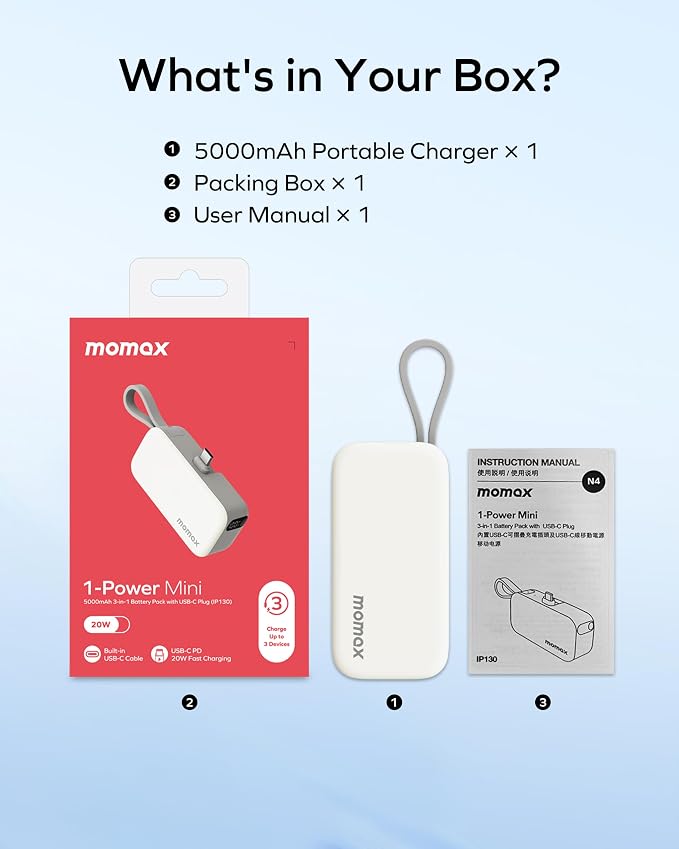MOMAX Portable Charger 5000mAh Small Power Bank Wireless Portable Charger | PD 20W Fast Charging, 3 USB-C Port, LED Battery Display, Mini, Smart Temperature Control for iPhone 17 16 15 Pro Max, Grey - Image 8