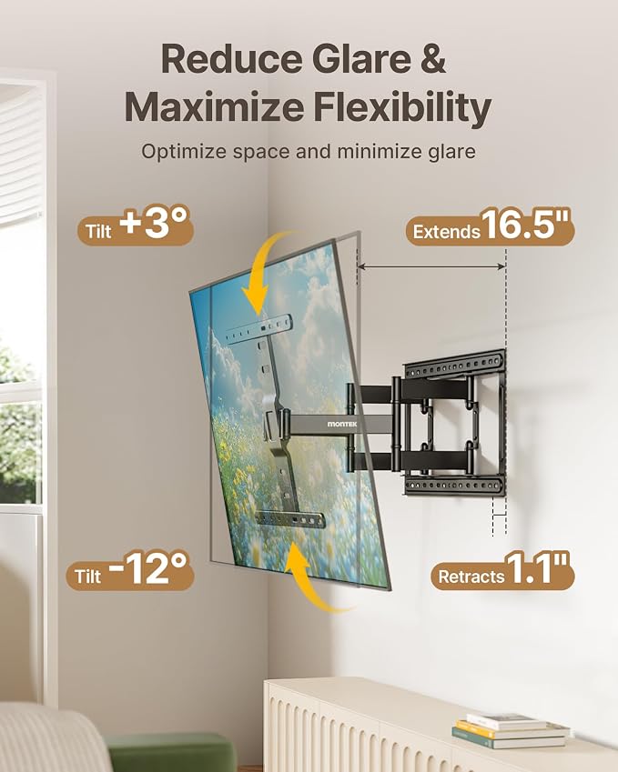 monTEK 1.1-Inch Ultra Slim Full Motion TV Wall Mount for 37-75 Inch TVs | Low-profile mount holds 132 lb, 16.5 in reach, +/-60° swivel; 4X load tested, preassembled, VESA 400x400mm, 16/18 in studs - Image 7