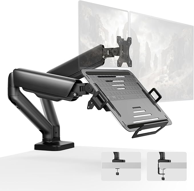 monTEK Dual Arm 2-in-1 Desk Mount, Laptop & Monitor, Fits 12–18" Laptops | Dual Arm Desk Mount with Ventilated Laptop Tray, Works for Laptop + Monitor,Full Motion Arm with Clamp/Grommet, 75/100 VESA by monTEK