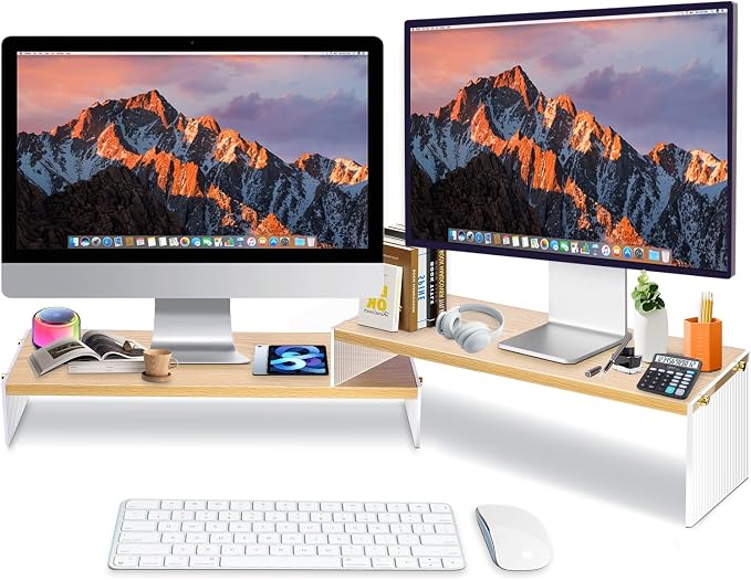 YGYQZ Adjustable Monitor Stand Riser, 7.67"×19.3" Dual Monitor Desk Stand | Adjustable Monitor Riser, Expandable Desk Organizer, 2-Tier Storage, Acrylic Legs, Ergonomic Workspace, Wood Wavy - Image 2