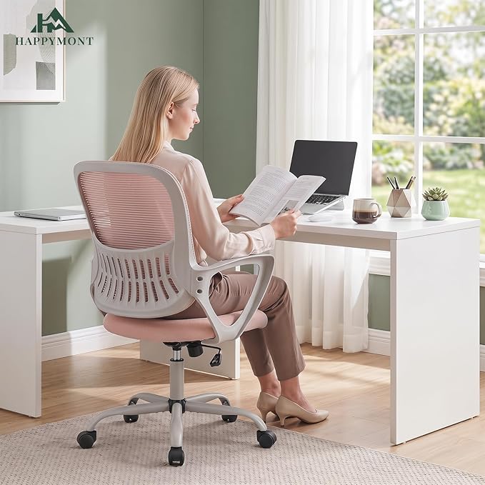 Home Office Desk Chair, Lumbar Support, Mesh Back Computer Chair | Height Adjustable, Mesh Mid-Back, Ergonomic Task Gaming Chair with 360° Swivel Wheels, Lumbar Support, Pink - Image 3