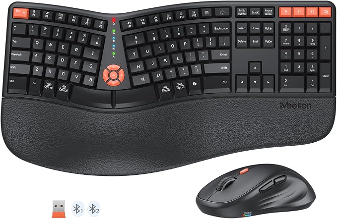 MEETION Ergonomic Wireless Keyboard and Mouse Combo, Split Design | Full-size keyboard with cushioned palm rest, 2.4G & Bluetooth multi-device connection, 4-level DPI mouse for Windows & Mac by MEETION