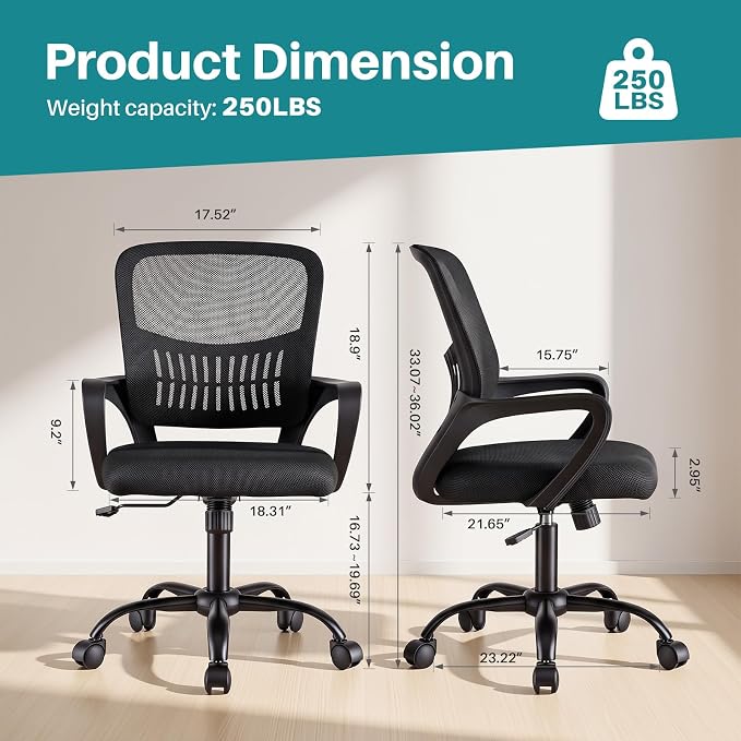 OLIXIS Ergonomic Office Desk Chair, Mid-Back Executive Computer Chair | Fixed Armrest, Rocking Mode, Height Adjustable, 360° Rolling Swivel Adults, Student, Black - Image 2