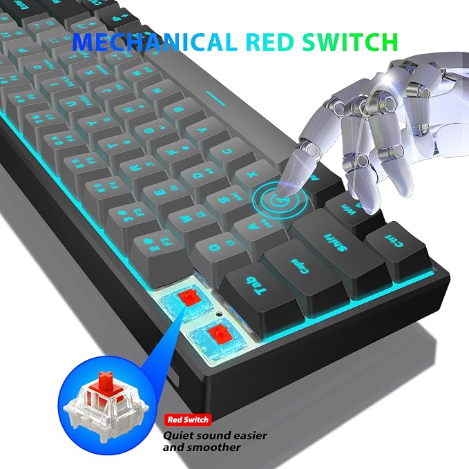 Snpurdiri 60% Wired Mechanical Gaming Keyboard (Black-Grey, Red Switches) | Ice Blue LED Backlit 61 Keys Mini Wired Office Keyboard for Windows Laptop PC Mac - Image 4