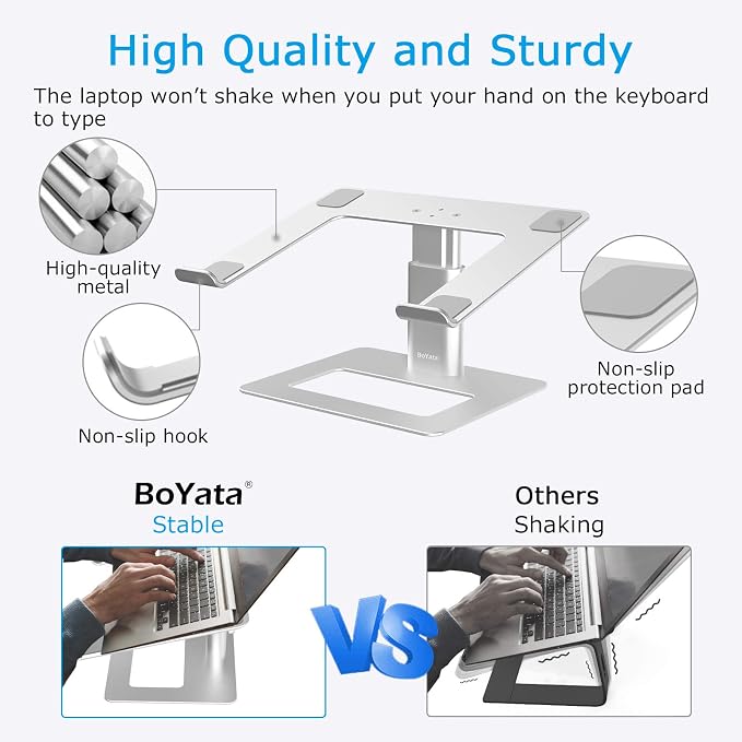 BoYata Laptop Stand, Height Adjustable Laptop Riser for 11-17" Laptops | Ergonomic Laptop Stand for Desk, Ventilated with U-Shaped Open Design, Sturdy Notebook Stand for 10-17'' Laptops, Silver - Image 3
