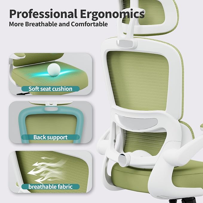 TRALT Office Chair Ergonomic Desk Chair - Gaming Chair with Lumbar Support | 330 LBS Home Office Desk Chairs with Headrest, Reading Chair with Flip-up Armrests, Comfortable Computer Chairs (1, Green) - Image 3