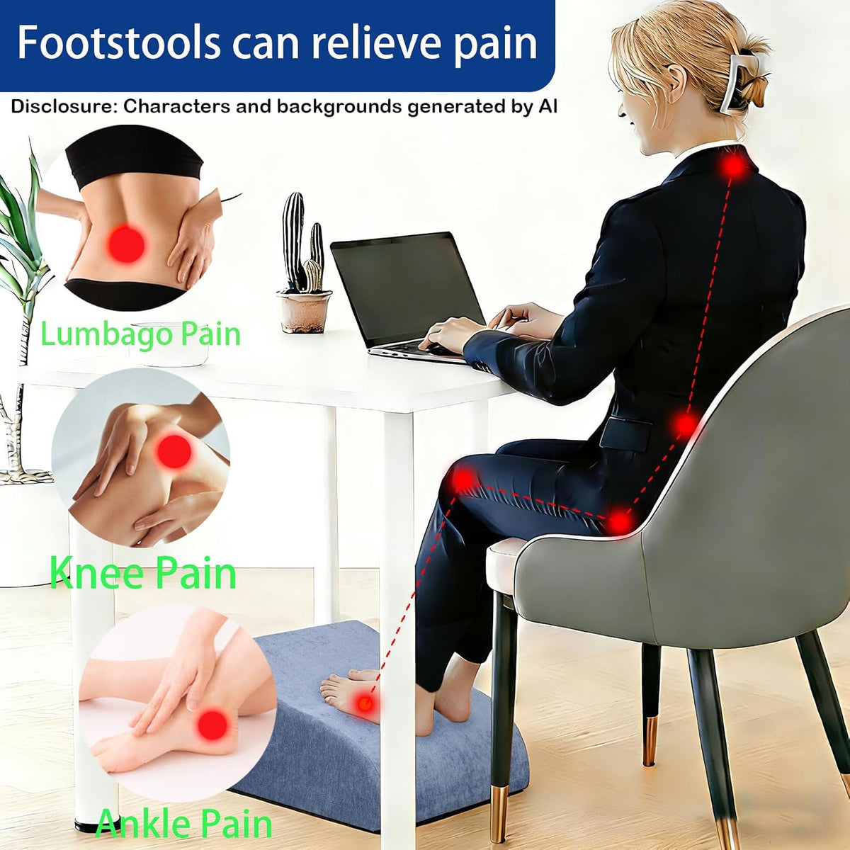 Foot Rest for Under Desk at Work, Ergonomic Under Desk Footrest with Washable Cover for Office, Home & Gaming Leg Elevation Pillow Blue - Image 3