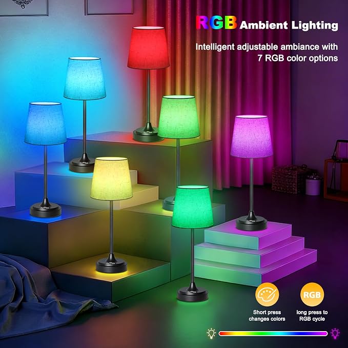 Wowag Cordless Table Lamp Rechargeable,5000mAh Battery Operated Desk Lamp,3 Colors & 7 RGB Stepless Dimmable,Touch Ambient Light for Bedside,Bedroom,Dining Room,Living Room,Black,FlaxenShade - Image 3
