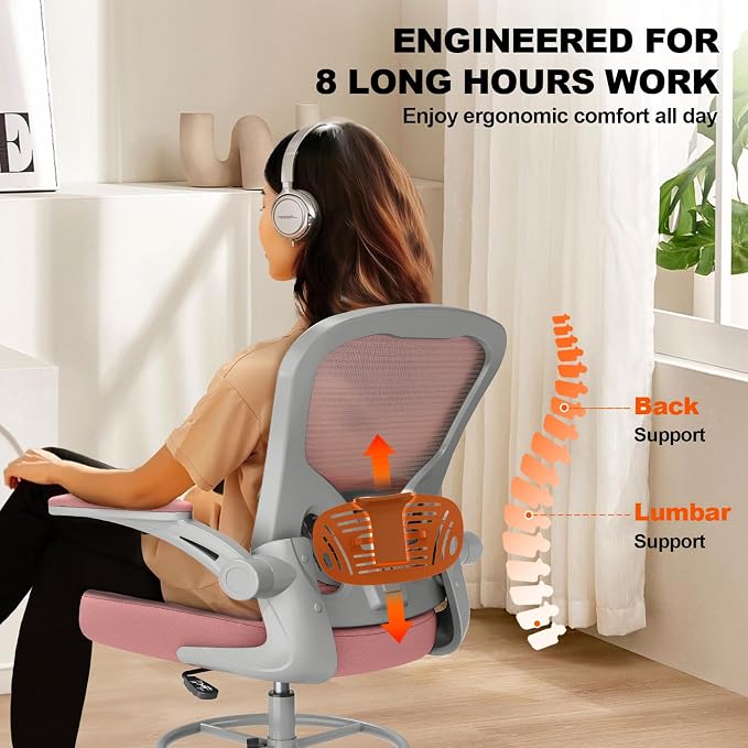 Ergonomic Tall Drafting Chair-Mesh Desk Chair with Flip-Up Arms | Adjustable Height,Lumbar Support,Adjustable Footrest Ring,Standing Desk,Breathable Backrest - Image 9