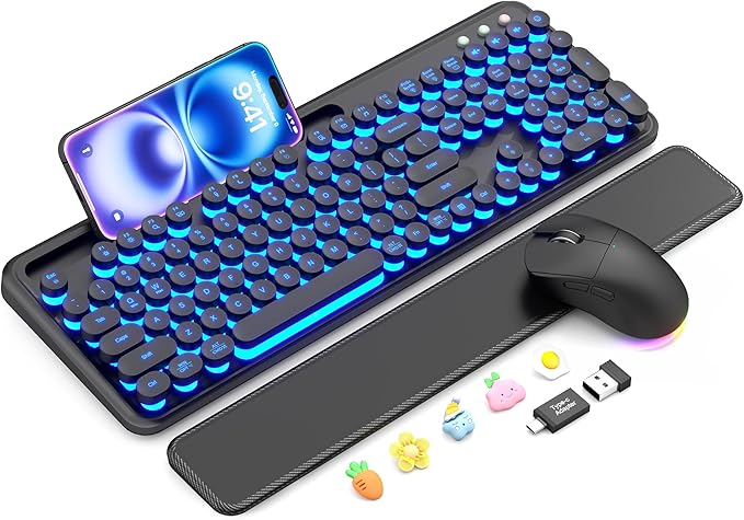 Wireless Keyboard and Mouse, Backlit Typewriter with Magnetic Wrist Rest | Phone Holder, Light Up Round Keycaps, Lighting Mouse, 2.4GHz Cordless Set for Mac, Windows, PC, Laptop, SABLUTE by SABLUTE