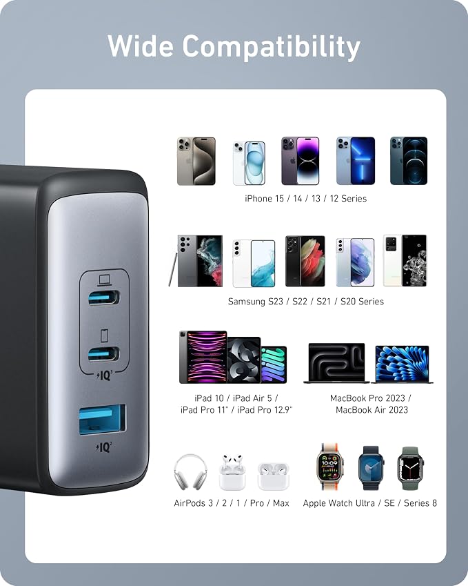 Anker Nano 100W MacBook Charger, 3-Port Fast Compact GaN USB Charger Block | With 1 Pack & 1 Cable for MacBook Pro/Air, Pixelbook, ThinkPad, Dell XPS, iPad Pro, iPhone 17 Series, Galaxy S23, and More - Image 8