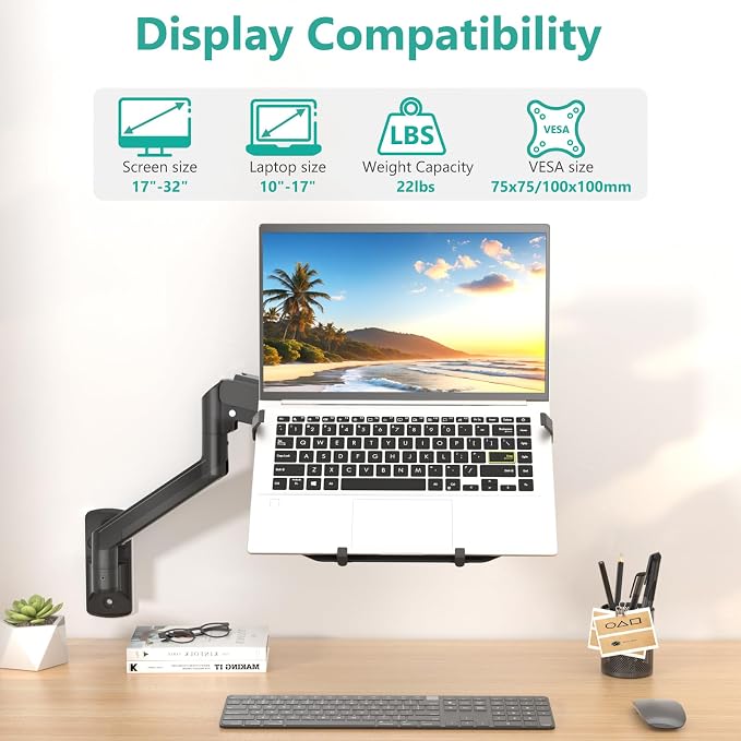 WALI Laptop Wall Mount for 17" Notebook and Up to 32" Screen | Full Motion Adjustable Monitor Wall Arm with Laptop Tray, VESA 75x75/100x100mm, Up to 15.4-22 Lbs (GSWM001LP), Black - Image 2