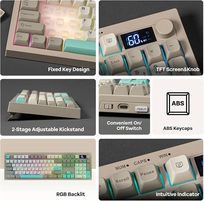 EPOMAKER Aula S102 PRO Membrane Gaming Keyboard w/TFT Screen & Volume Knob | Silent Keyboard w/ Number Pad for PC Game/Office, BT/2.4G/USB, RGB Backlit, Creamy Silicone Structure (Grey) - Image 3