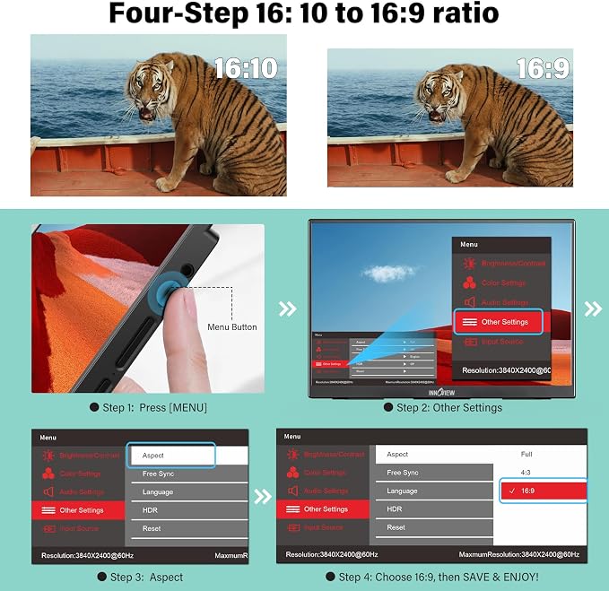 InnoView 16" Portable Monitor 120Hz 2.5K QHD 2160x1600 100% sRGB Laptop Screen Extender | 2 x Type-C & HDMI Portable Monitor for Macbook/Switch/PS5/Xbox(Adapter Excluded) - Image 7