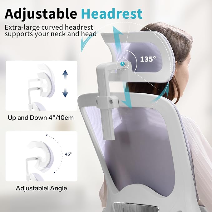 Ergonomic Office Chair,Mesh Office Chair with Lumbar Support,High Back Desk Chair with Flip-up Arms,400 lbs Big and Tall Computer Chair with Headrest,Comfy Desk Chairs (Lavender) - Image 4