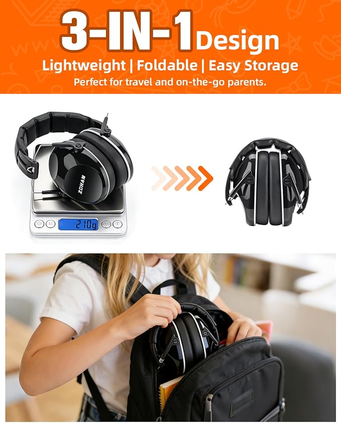 ZOHAN 032 Kids Noise Canceling Headphones - 25dB NRR Kids Ear Protection Earmuffs for School, Monster Jam, Fireworks, Travel, Air Show, Concert, Autism - Black - Image 4