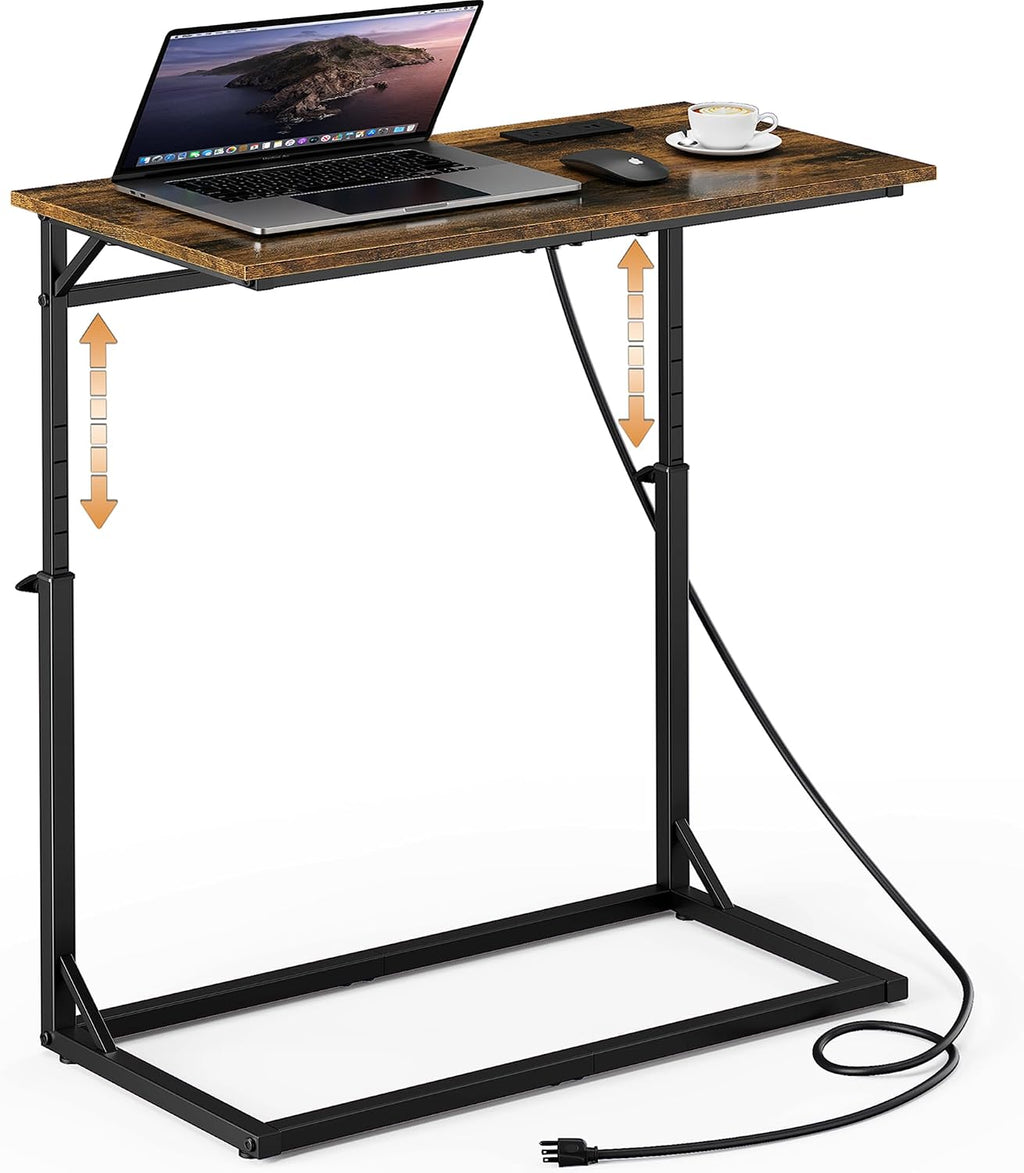 C Shaped End Table with Charging Station, Large C-Table End Table Adjustable Height Side Table for Couch, Couch Table Slide Under Sofa Table TV Tray Table for Sofa, Living Room, Bedroom,Brown by Vagusicc