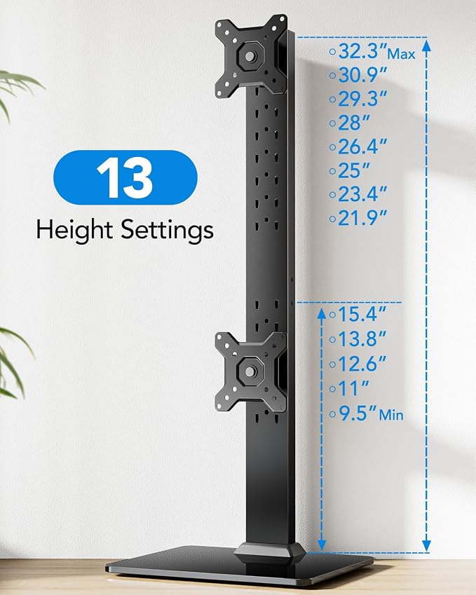 HUANUO Dual Monitor Stand for 13 to 34 Inch, Max Load 44 lbs, Vertical Monitor Mount, Freestanding Monitor Riser with Swivel, Tilt, Rotation, 13 Height Settings, Max VESA 100x100 - Image 3