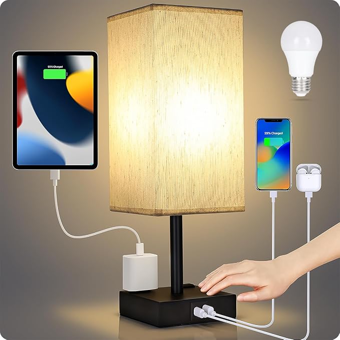 Bedside Table Lamp for Bedroom - Touch Small Lamp with USB C+A Charging Ports & AC Outlets, 3 Way Dimmable Nightstand Light for Living Room (LED Bulb Included, Flaxen) - Image 8