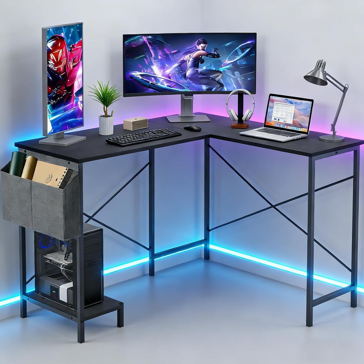 L Shaped Desk, 50 Inch Reversible Computer Desk Corner Gaming Table with CPU Stand & Storage Bag, Sturdy Metal Frame PC Workstation for Home Office, Black Wood - Image 2