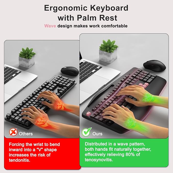 Wireless Keyboard and Mouse Combo, Full Size Ergonomic Wave Keys(Pink-B) | 2.4G Ergonomic Keyboard with Wrist Rest, Phone Holder, 3-Level DPI Silent Mouse with 6-Buttons, for Windows/Mac OS/Laptop/PC - Image 2