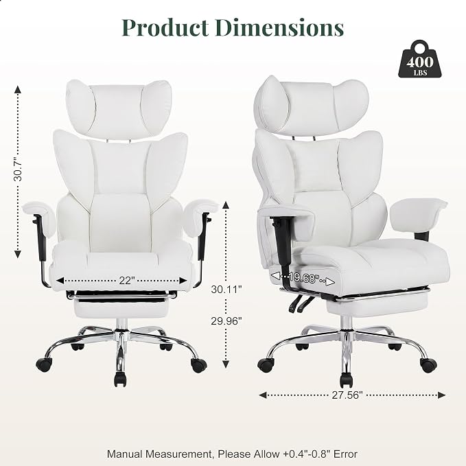 Big and Tall Office Chair 400 LBS, for Adults, Home Office | PU Leather, Executive Ergonomic Desk Chair with Footrest, Lumbar Support, Wide Seat ,Reclining, Adjustable Armrest, Beige - Image 2