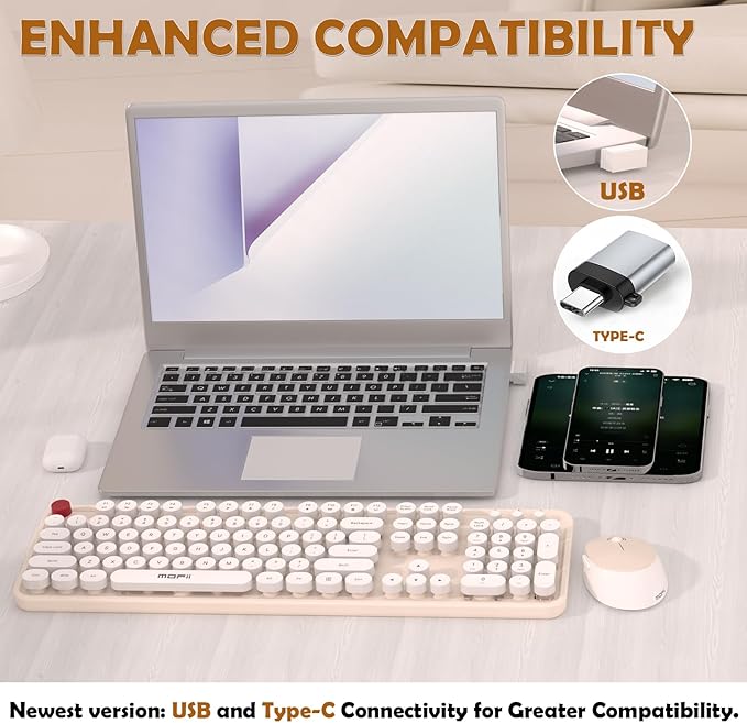 Wireless Keyboard Mouse, 104 Keys Cute Colorful Typewriter Creamy White | With OTG & Long Clean Bruch,Compatible With All windows and Type C Computer,1600DPI,Ideal For PC, Home, Office and College - Image 7