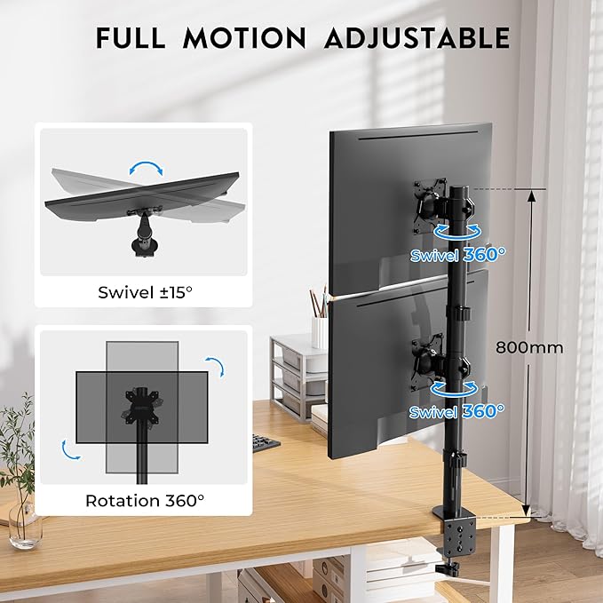 BONTEC Vertical Dual Monitor Desk Mount, 13-34", VESA 75x75/100x100mm | Full Motion Adjustability, Up to 22lbs per Arm, C Clamp and Grommet Mounting Options, Cable Management for Flexible Setup - Image 5