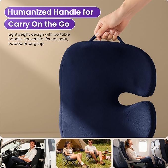 ZZ-WELL Seat Cushions for Office Chairs, Patented Pressure Relief Coccyx Cushion for Tailbone Pain, Memory Foam Butt Pillows for Wheelchair Car Sitting, Carrying Handle, Non-Slip (Navy Blue, Large) - Image 3