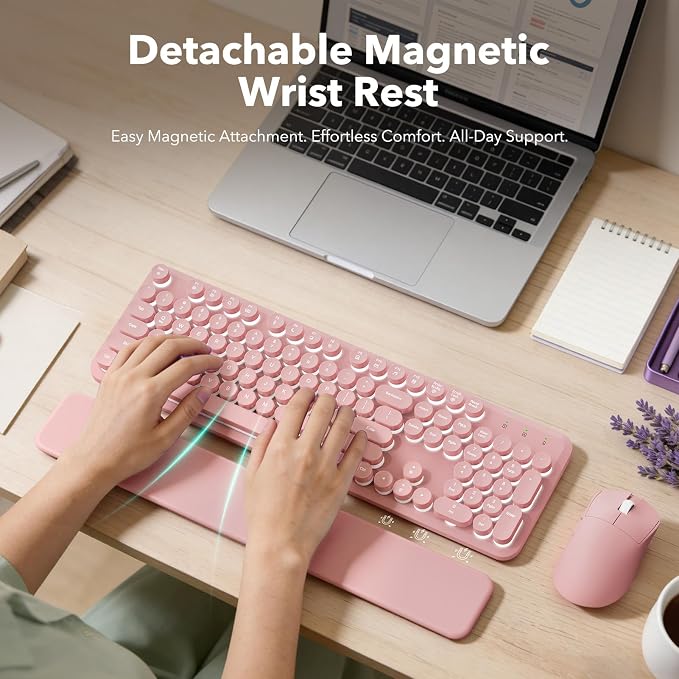 Rechargeable Backlit Wireless Keyboard and Mouse Combo, Retro Typewriter Keyboard with Magnetic Wrist Rest, Light Up Letters, 2.4GHz Cordless Connection for Mac, Windows PC, Laptop (Glowing Pink) - Image 3