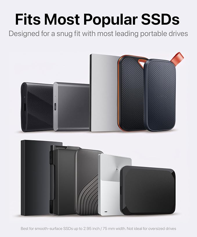 2-Pocket SSD & Hard Drive Holder for Laptop, Reusable 3M Adhesive | Stick-On Sleeve for Portable SSDs | 5.1 x 3.4-Inch Pouch | Separate Pocket for Cables | Built-In Safety Strap - Image 4
