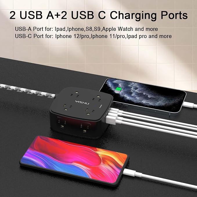 Surge Protector Power Strip - YISHU 8 Outlets with 4 USB (2 USB C) Charging Ports, 6Ft Braided Extension Cord, Flat Plug Multi Plug Outlet Extender Charging Station for Home Office, ETL, Black - Image 3